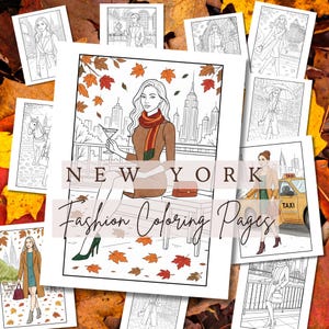 Può includere: Una collezione di pagine da colorare di moda di New York. L'immagine centrale presenta una donna con un cocktail, uno sfondo di paesaggio urbano e foglie d'autunno. Le pagine sono circondate da foglie autunnali.
