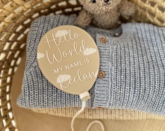 Hello World Patterned Balloon Acrylic plaque for New Baby / Birth Announcement  / Salaam World / Social Media Photo Prop /Baby Arrival Sign