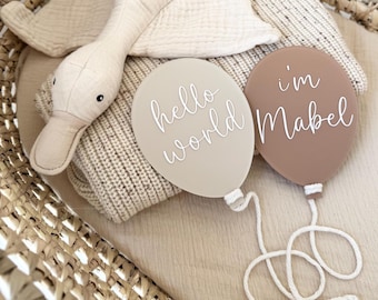 Painted Birth Announcement Balloon Pair Acrylic Disc for New Baby/Birth Announcement / Hello World/Social Media Photo Prop/Baby Arrival Sign