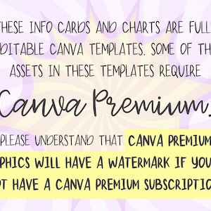 May include: A yellow and purple graphic with the text "THESE INFO CARDS AND CHARTS ARE FULLY EDITABLE CANVA TEMPLATES. SOME OF THE ASSETS IN THESE TEMPLATES REQUIRE Canva Premium. PLEASE UNDERSTAND THAT CANVA PREMIUM GRAPHICS WILL HAVE A WATERMARK IF YOU DO NOT HAVE A CANVA PREMIUM SUBSCRIPTION."