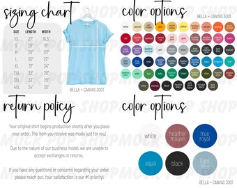 Bella + Canvas 3001 Editable Size Chart Color Chart Canva Template Bundle