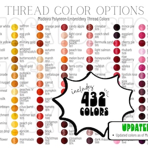 May include: A color chart of Madeira Polyneon embroidery thread options, featuring 432 colors. The chart includes a wide range of hues, from yellows and oranges to pinks, purples, and blues. Text on the chart reads "THREAD COLOR OPTIONS" and "UPDATED!" with the date May 25, 2026.