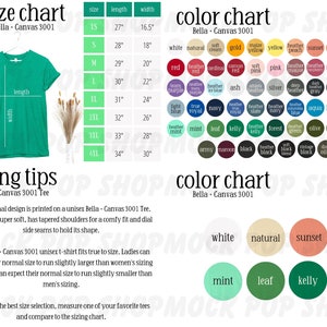 Bella + Canvas 3001 Green Editable Size Chart Color Chart Bundle