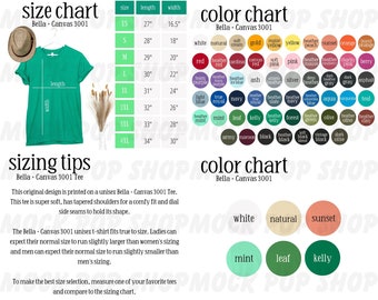 Bella + Canvas 3001 Green Editable Size Chart Color Chart Bundle