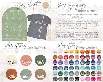 Comfort Colors 1717 Boho Size Chart Color Chart Editable Template Bundle