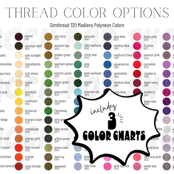 Simthread 120 Madiera Polyneon, 80 Janome & 40 Brother Colors Editable Embroidery Thread Color Chart Canva Template