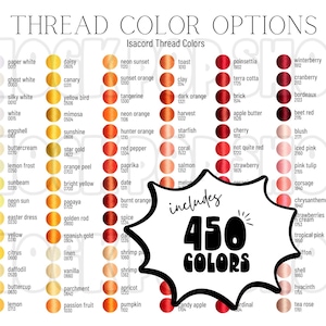 Puede incluir: Una carta de colores con el texto "THREAD COLOR OPTIONS" y "includes 450 COLORS". La carta muestra una amplia gama de colores de hilo, incluyendo tonos de blanco, amarillo, naranja, rojo y rosa.