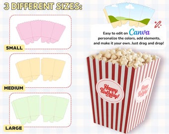 Download instantâneo: Kit de modelos de caixa de pipoca – 6 designs (ondulados e retos, P/M/G) – svg, dxf, PDF, .ai, PSD, PNG, Silhouette, Canva