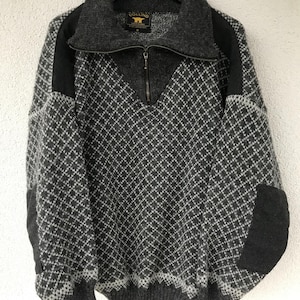 Vintage Volund lã zíper suéter jumper escandinavo masculino cinza e creme malha norueguesa quente inverno esqui caça jumper tamanho grande