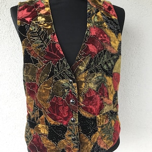 Vintage 1980s Brown Burgundy Velvet Multicolor Floral Studded Velour V Neck Vest Floral Snap Button Colorful Vest Womens Velour Vest Small