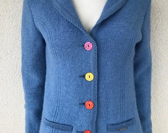 Vintage 80s GEIGER Wool Cardigan Austrian Tyrol BOILED Wool Trachten Jacket Bluish Wool Cardigan Pure New Wool Austrian Sweater Size XS/S