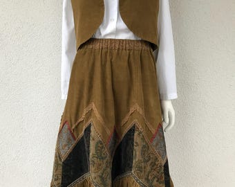Vintage 80s Corduroy Two Piece Vest and Skirt Set Brown Waistcoat Vest Skirt Set Suit Mod Boho Western Cropped Vest Flare Skirt Size Medium