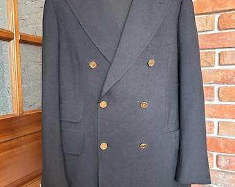 Chaqueta negra de hombre ESSGE de los años 80, confeccionada a mano en mezcla de lana y rayón, estilo sastre sueco moderno, doble botonadura, botones dorados, talla XL.