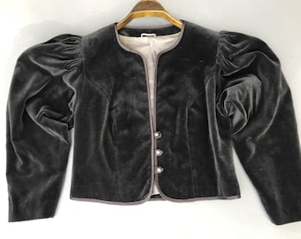 REHLI Modell Jaqueta Austríaca Vitoriana Top com botões Vintage anos 80 Jaqueta bolero de veludo cinza escuro Blazer de silhueta ajustada com manga de carneiro M/L