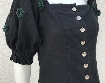 Vintage Octoberfest Black Puff Sleeve Linen Blouse Austrian German Blouse Dirndl Octoberfest Cottagecore Trachten Buttons Up Blouse Size M
