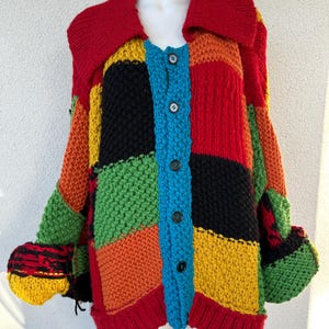 Vintage Heavyweight Wool Cardigan, Chunky Knit Patchwork Sweater, Oversized Colorful Button Down Jacket, Retro Harajuku Knitwear, One Size