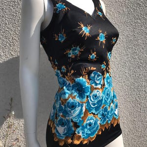 Vintage Women&#39;s 60s TURBO Black Swimsuit with Floral Pattern Bright Colors Mod Retro One Piece Low Cut Bathing Suit Bullet Shaped Cups Large