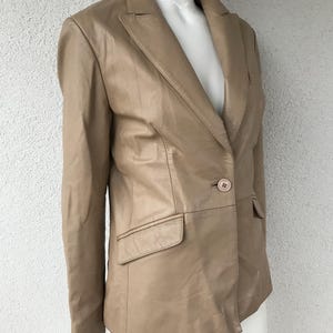Vintage Women&#39;s Y2K 90s Cream Beige Real Leather Fitted Jacket Blazer Single Breasted Genuine Leather Blazer Retro Leather Jacket Size Small