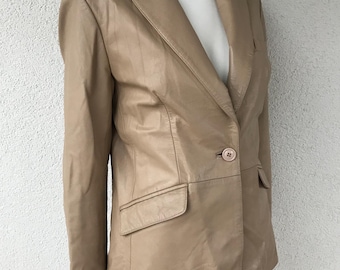 Vintage Women's Y2K 90s Cream Beige Real Leather Fitted Jacket Blazer Single Breasted Genuine Leather Blazer Retro Leather Jacket Size Small