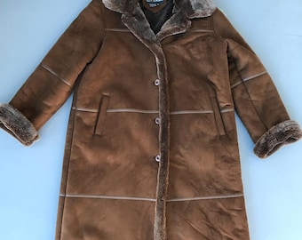Vintage Y2k Brown Fluffy Faux Fur Trim Coat Winter Overcoats Faux Suede Hooded Faux Sheepskin Coat Maxi Coat Vegan Fur Coat Size 5XL / 5X