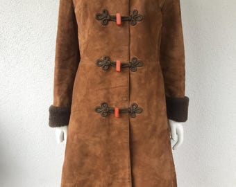 Vintage 80er Jahre Shearling Lammfell Wildleder Mantel Camel Braun Langer Schaffell Mantel Hoher Kunstpelzkragen Shearling Mantel Naturschaf Sz Small