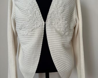 Bolero de punto con encaje estilo años 90, manga larga, para bodas y fiestas, cárdigan corto bordado color crema, talla XL.