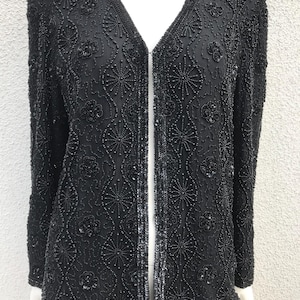 Vintage 80s Black Beaded & Sequin Jacket Sheer Silk Evening Wear Black Sparkle Jacket Special Occasion Silk Jacket with Flowers Beads Medium