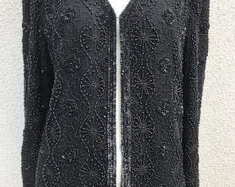 Vintage 80s Black Beaded Sequin Jacket Sheer Silk Evening Wear
