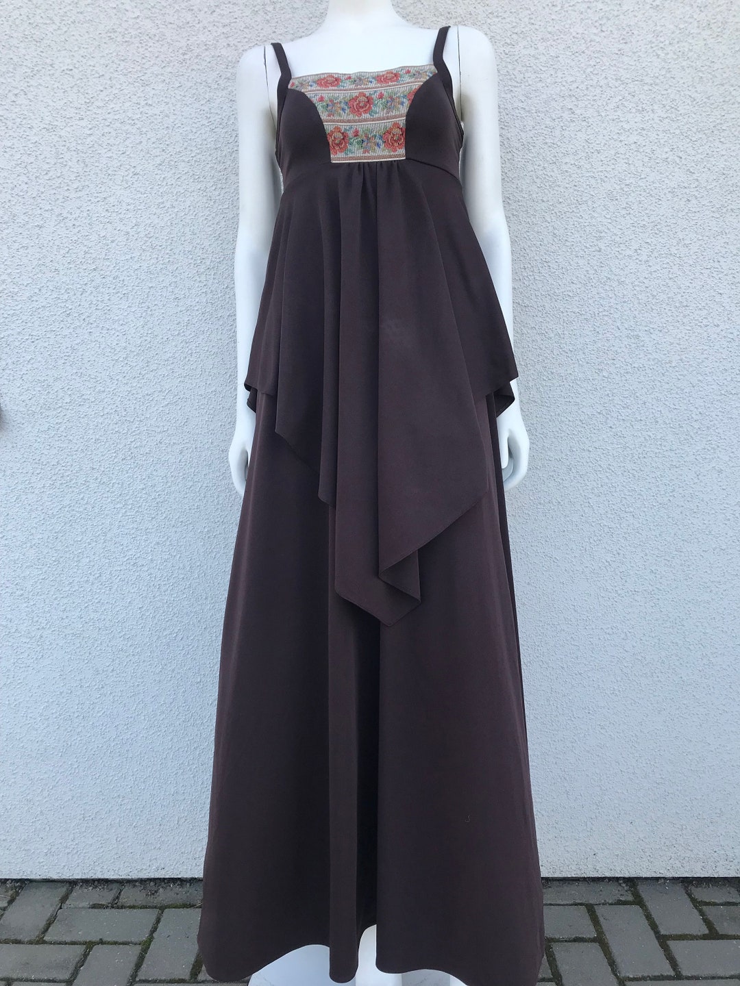 Vintage 70s Habak Style Crimplene Brown Drees With Tapestry Beautiful ...