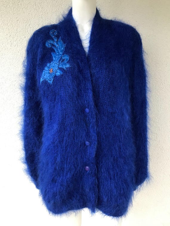 Vintage 80s Mohair Wool Cardigan Embroidered Appliqued Blue Knit