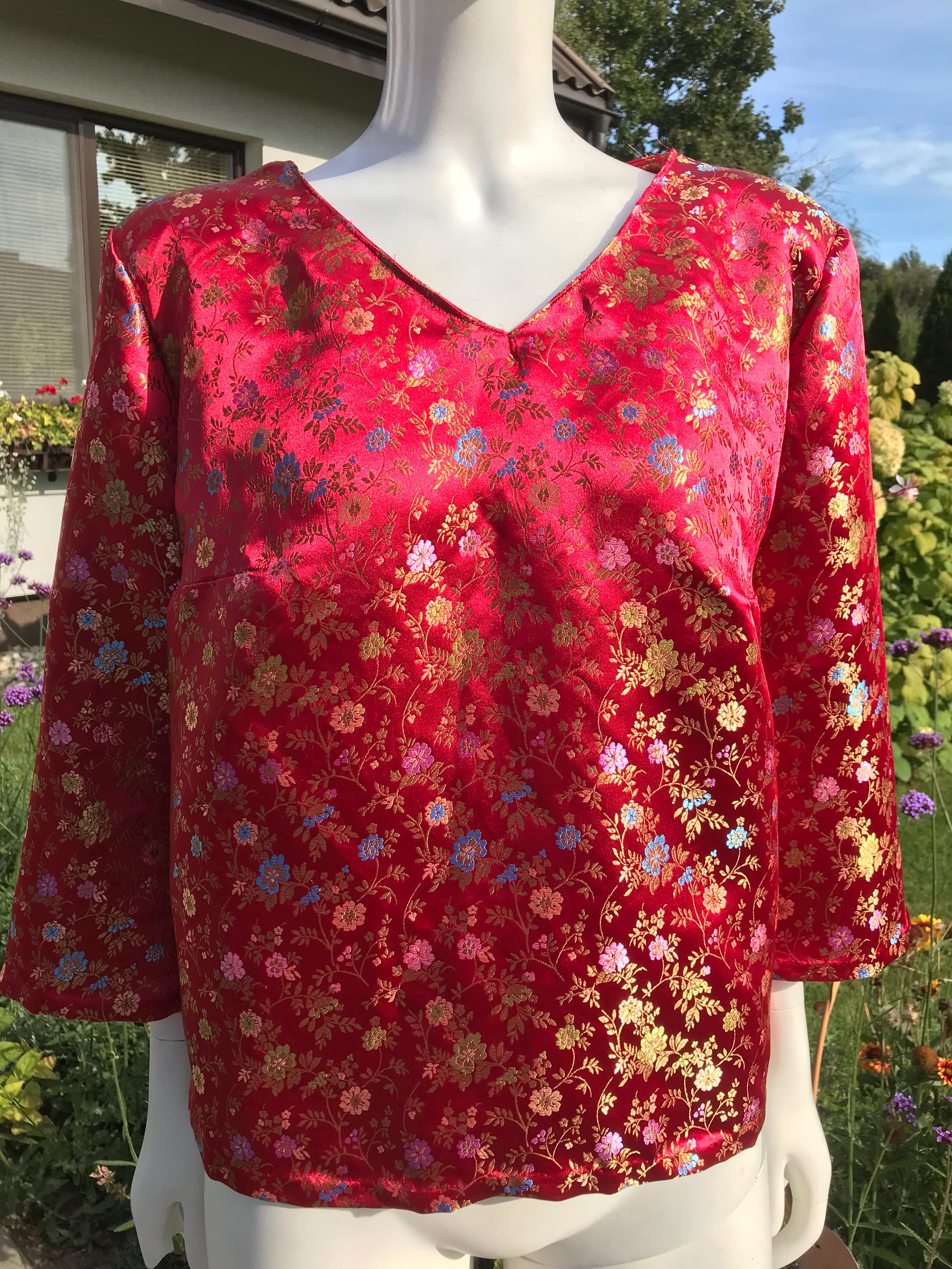 Vintage Handmade Red Gold Floral Print Chinese Style Top Blouse ...