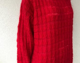 Vintage Hand-Knit Wool Sweater: Red Cropped Pullover, Size Large