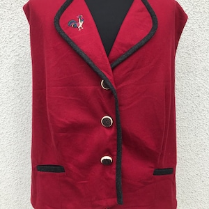 Vintage Wool Vest Burgundy Dirndl Top Vest Trachten Loden Austria Oktoberfest Embroidered Tyrol Folk Gilet Sleeveless Waistcoat Plus Size