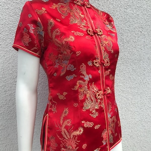 Vintage 90s Red Satin Chinese Style Top Dragon Blouse Mandarin Collar Short Sleeve Button Down China Blouse Asian Style Shirt Size Small