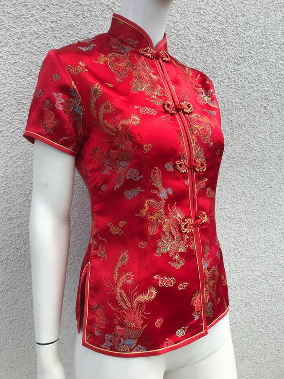 Vintage 90s Red Satin Chinese Style Top Dragon Blouse Mandarin 
