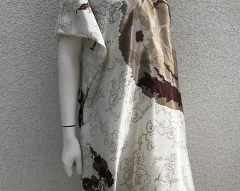 Blusa de playa de seda vintage para mujer, túnica tipo capa, top de seda blanco y marrón, corte holgado, blusa ligera de seda, top de verano, poncho de verano, talla única.