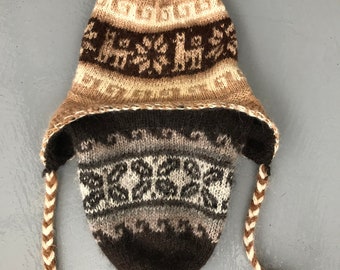 Vintage Wollmütze mit Ohrenklappen Wolle gestrickt braun beige Cap Wintermütze mit Ohrenklappen Norweger-Stil Unisex Mützen Reine Wolle Scandi Cap