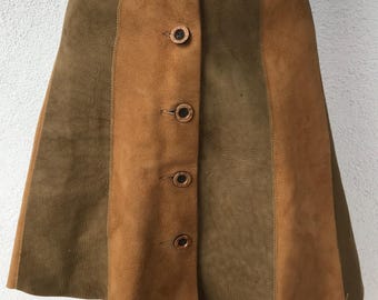 Vintage 1980's A-Line Suede Leather Skirt with Patchwork Pattern in Natural Brown Tones Suede Leather A-Line Mini Skirt Short Suede Skirt M