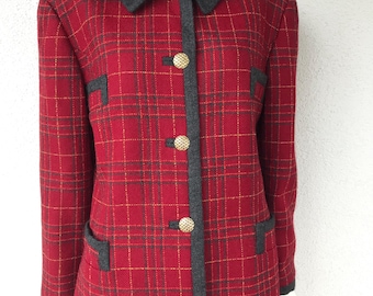 Vintage 90s Woolmark Jacket Long Sleeve Check Pocket Blazer Wool Red & Gray Blazer Pure New Wool Ladies Blazer Gold Buttons Elegant Jacket L