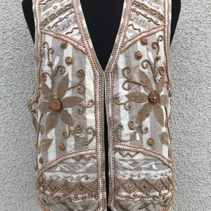 Vintage Beige Women&#39;s Vest Open Front Hand Beaded With Wood Beads and Glossy Customised Beads Hand Embroidered Cotton Boho Vest Size XL