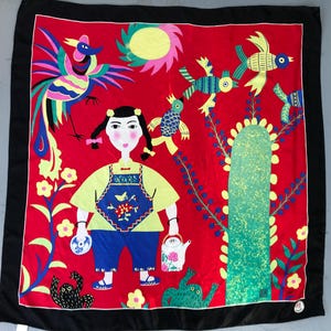 Vintage Silk Square Scarf Red Colorful the Image of a Girl Plants Birds Silk Scarf Women Women Scarf, Gift for her,  34x34&quot;, 85x85 cm