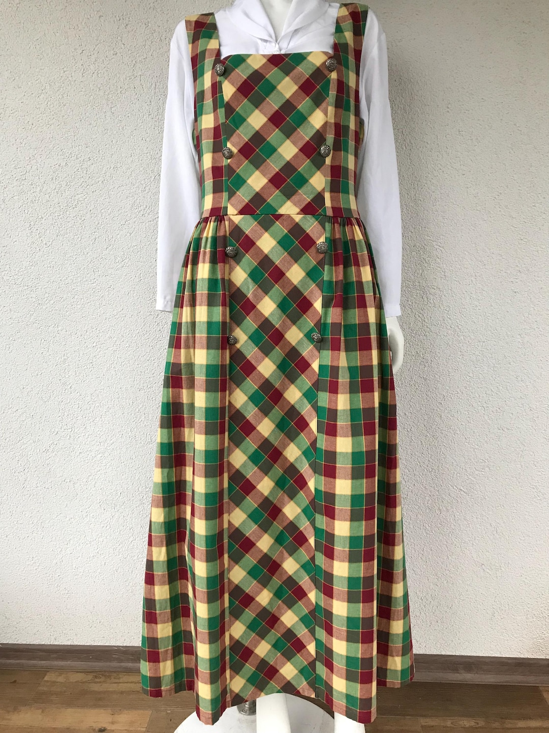 Vintage Women Trachten Dress Dirndl Checkered Ankle-length Traditional ...