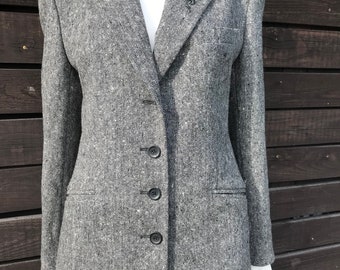Blazer en tweed gris pour femmes Taille 38 M vintage années 90 Reine woll blazer pour femmes Manteau minimaliste Veste brodée Coupe décontractée Veste d’automne