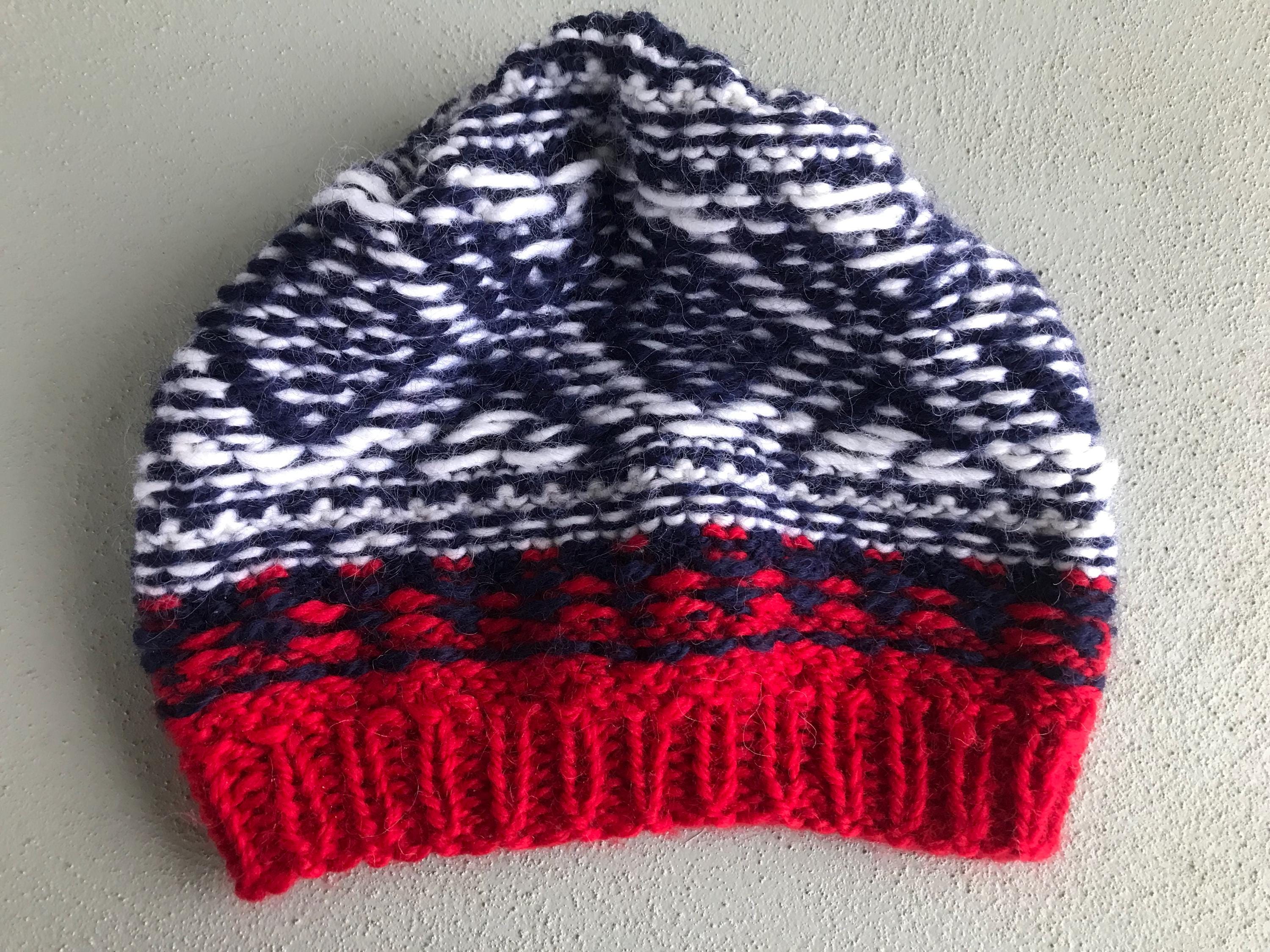 Vintage Hand Knit Woolen Cap Blue Red White Patterned Beanie  display picture 3