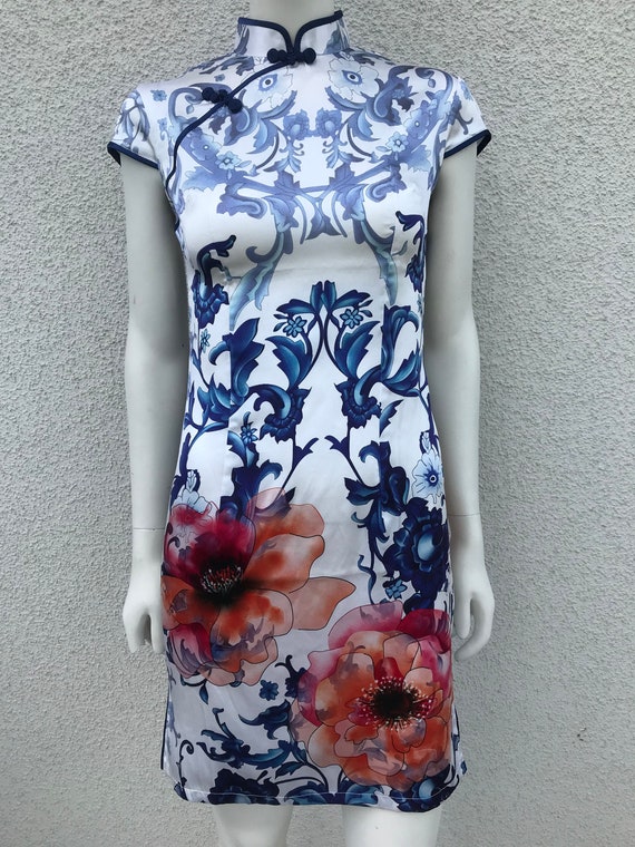 Vintage 90s White Blue Red Floral Satin Chinese Top Dress Mandarin Collar Button up Chinese Short Sleeve Dress China Dress Flower Size XS Etsy Canada