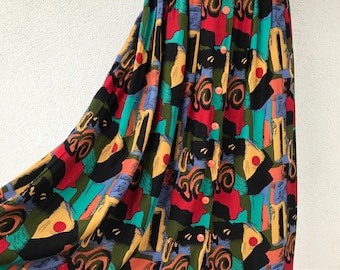 Vintage 80s Abstract Print Pleated Skirt Button Colorful Midi Skirt Maxi Cotton Skirt Boho High Waist Skirt Summer Skirt with Pockets Medium