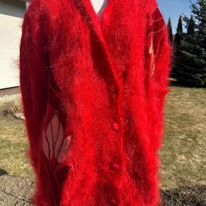 Cardigan en laine mohair vintage des années 80, pull long hiver flou, cardigan rouge chaud, cardigan moelleux en mohair, cardigan doublé surdimensionné, manches bouffantes XXL