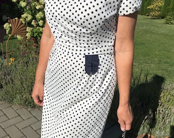 Vintage 1960s Polka Dot Blanes London Summer Dress Fitted Retro Dress White and Navy Blue Midi Casual Day Dress Short Sleeve Size Medium