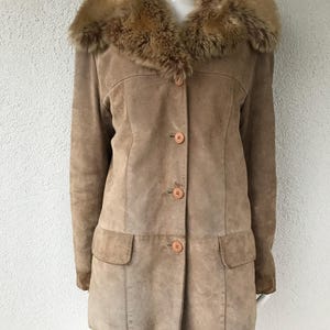 Vintage Damen PELLE Beige Echte Wildlederjacke Kunstpelzkragen Herbst Wintermantel Knopfjacke Mit Taschen Herbst Oberbekleidung Größe L