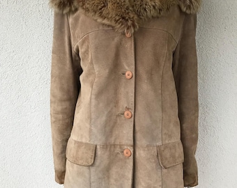 Vintage dames PELLE beige echt suède leren jas namaakbontkraag herfst winterjas knoop jas met zakken herfst bovenkleding maat large